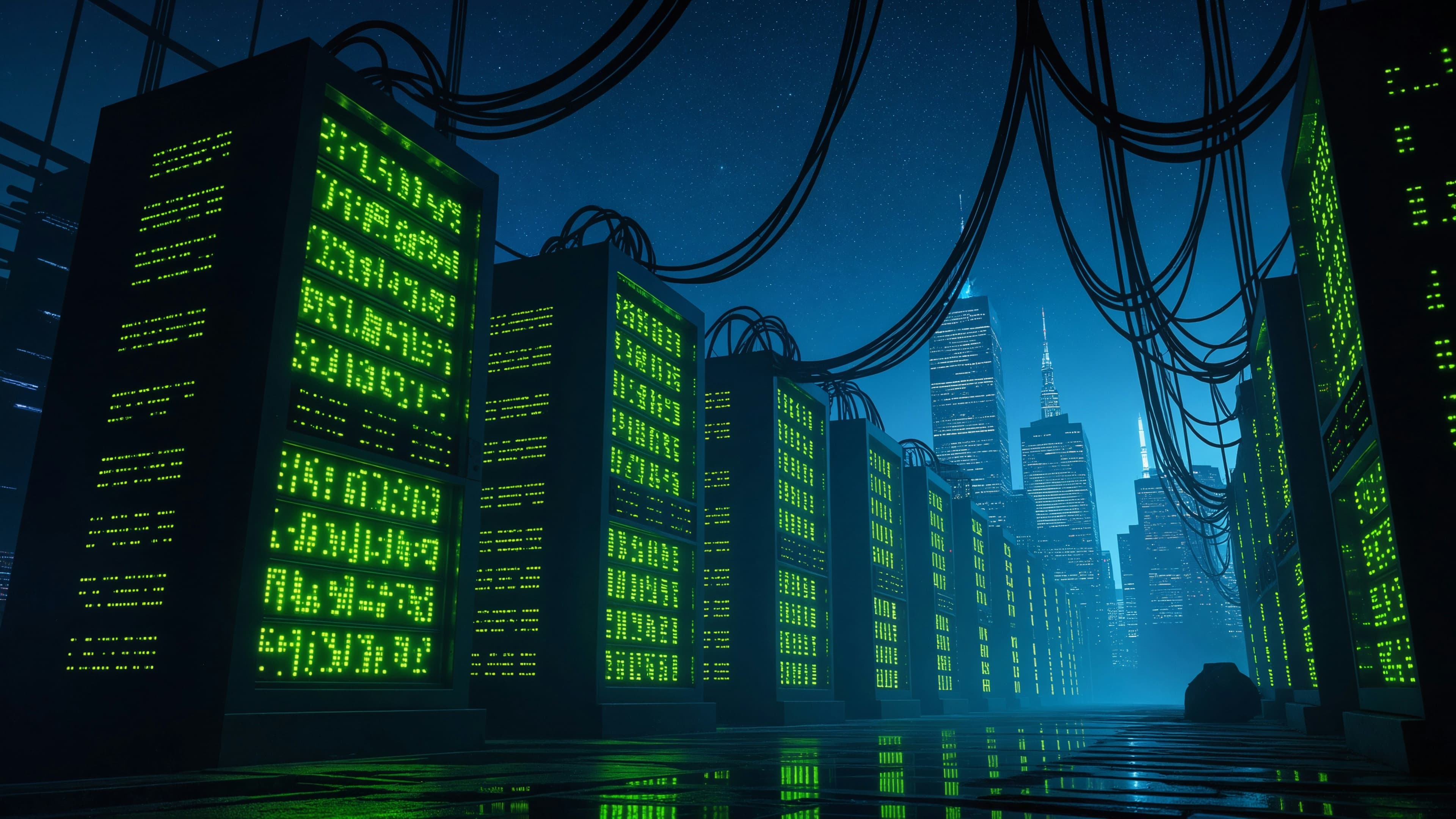 Ciudad digital nocturna con torres de datos iluminadas y cables de red, que evoca el vasto mundo en línea donde crecen niñas y niños.