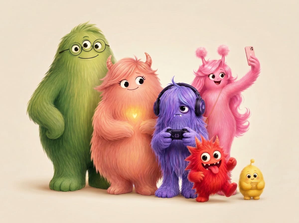 Ilustración de la familia de monstruos amigables Grr con sus dispositivos, protagonistas del curso de seguridad digital para familias.