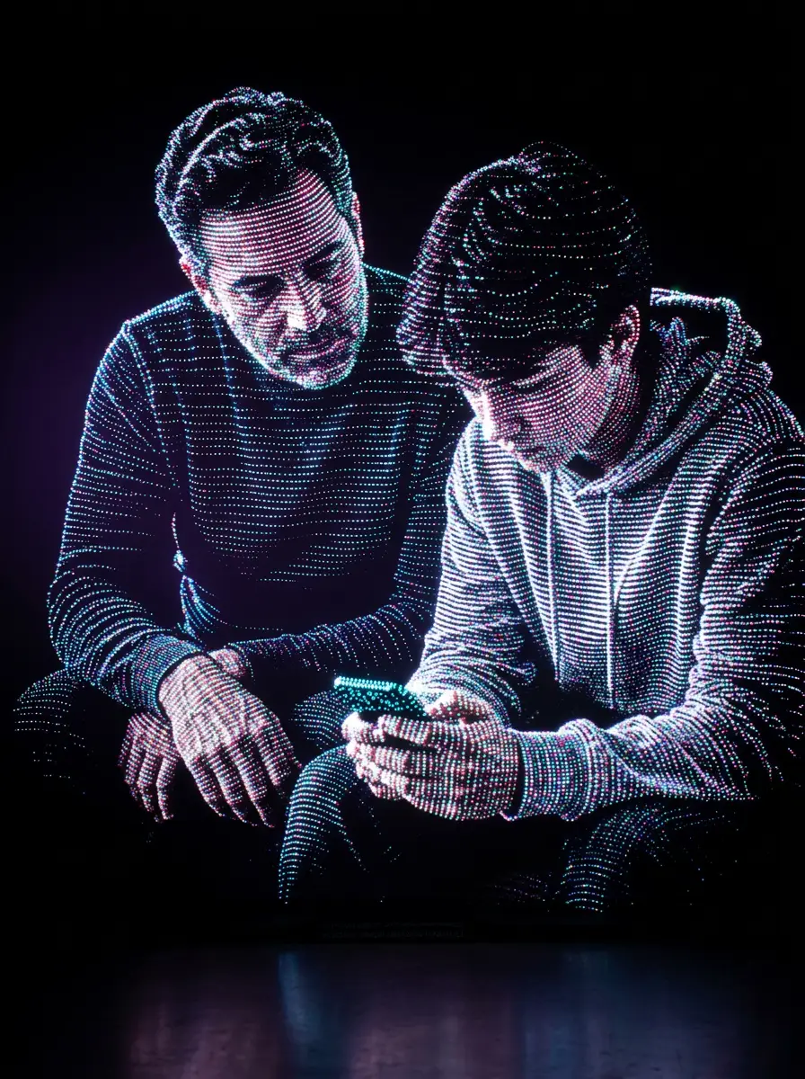 Un padre y su hijo adolescente miran juntos la pantalla de un teléfono, retratados con un efecto de luz de partículas en tonos fríos.