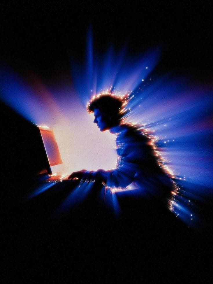Silueta de un estudiante frente a una computadora de la que irradian haces de luz azul y cálida, símbolo de la inmersión en el mundo digital.